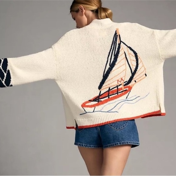 Anthropologie Sweaters - Anthropologie Maeve Maggie Cardigan nautical Sweater Embroidery Sailboat M/L